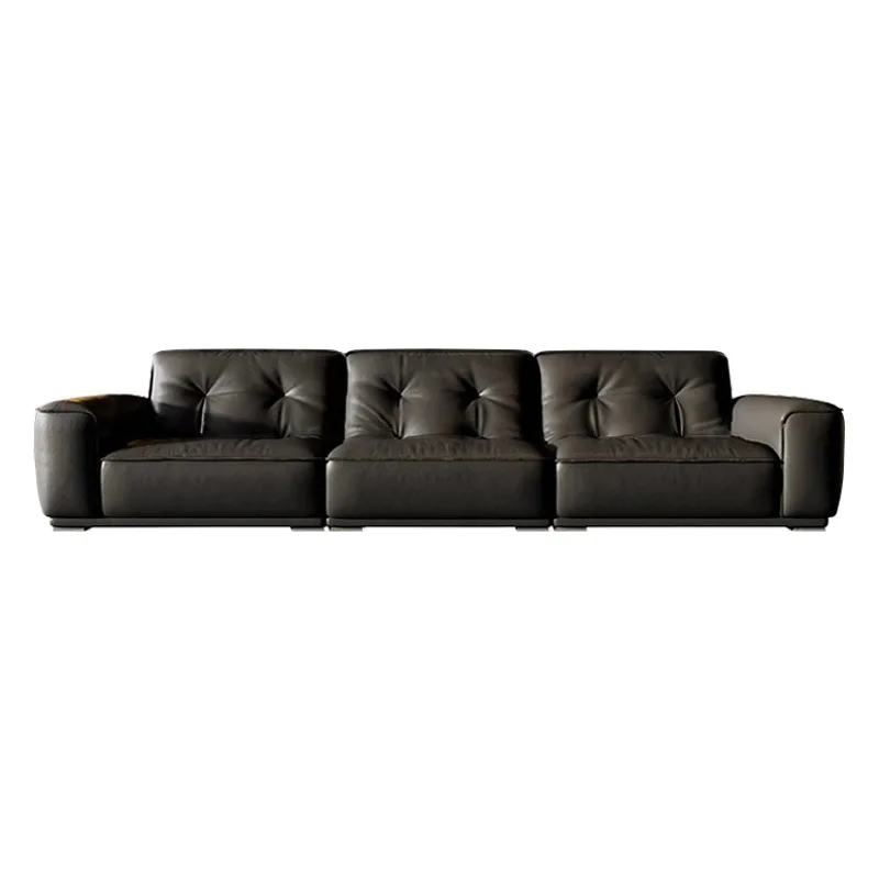 First layer cowhide straight row leather sofa retro three-person sofa black