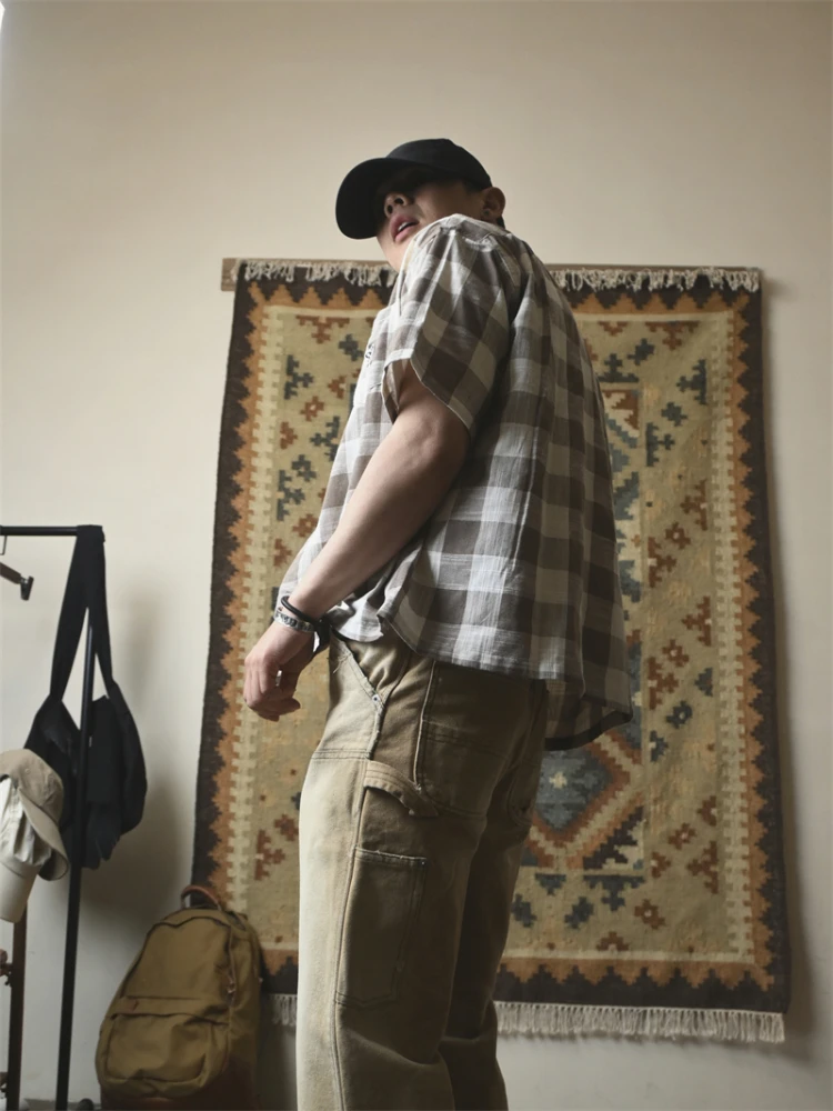 

Винтажная льняная клетчатая рубашка с кубинским воротником и короткими рукавами, вышитая американская рубашка с лацканами