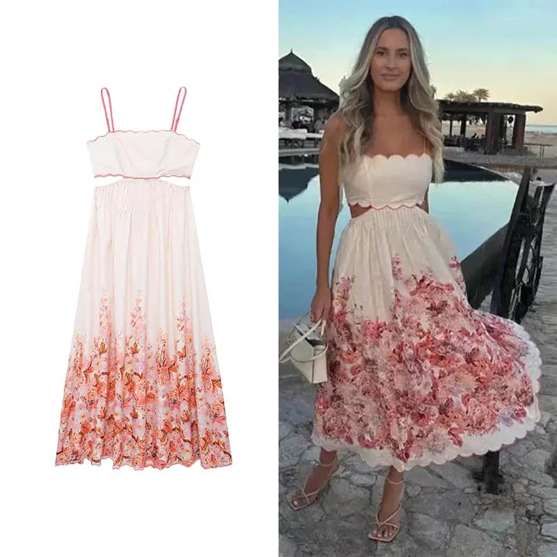 UETEEY Hollow Out Floral Printed Sling Midi Dress Women Backless Lace Up Backless Sleeveless Dresses 2024 Lady Street Vestidos ﻿