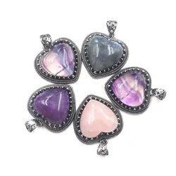 Retro Style Heart Shape Stone Pendant For Necklace DIY Natural Healing Crystal Amethyst Rose Quartz Fluorite Labradorite Jewelry