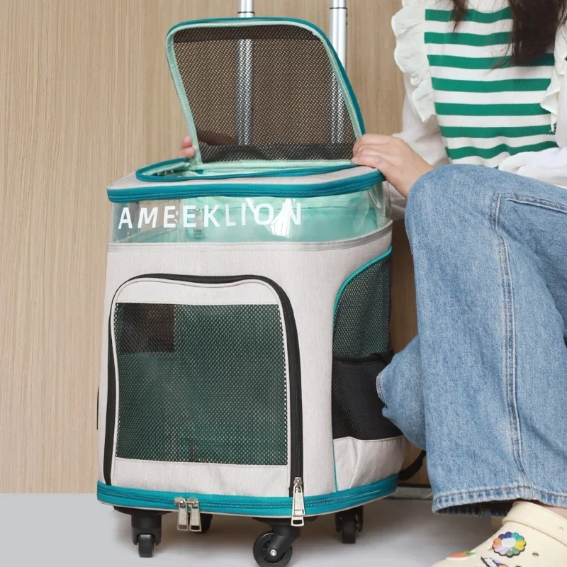 Large Capacity Bag Transport Cat Convenient To Go Out Cat Basket Fashion Pull Rod Pet Trolley Perspective Window Cat Carrier