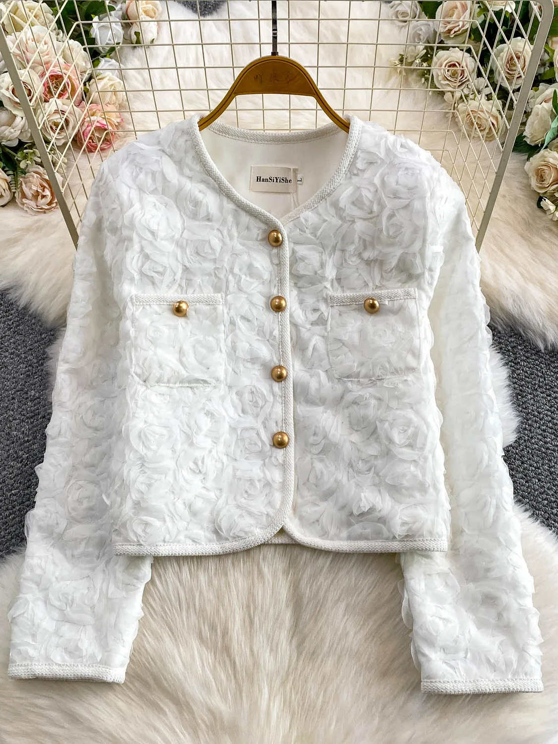 Sweet Fraance Sle Round Ne Ort Oberbekleidung Damen Luxus Design Metall Bule Top Floral 3D Verzierung Slim Fit Mantel