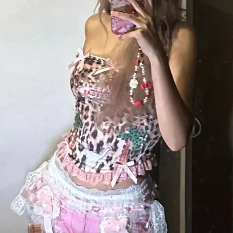 Sweet Lace Bow Leopard Print Vest Woman Sleeveless Crop Tops Y2k Sexy Street  Patchwork Hot Girl Slim-fit Wrap Chest Small Vest