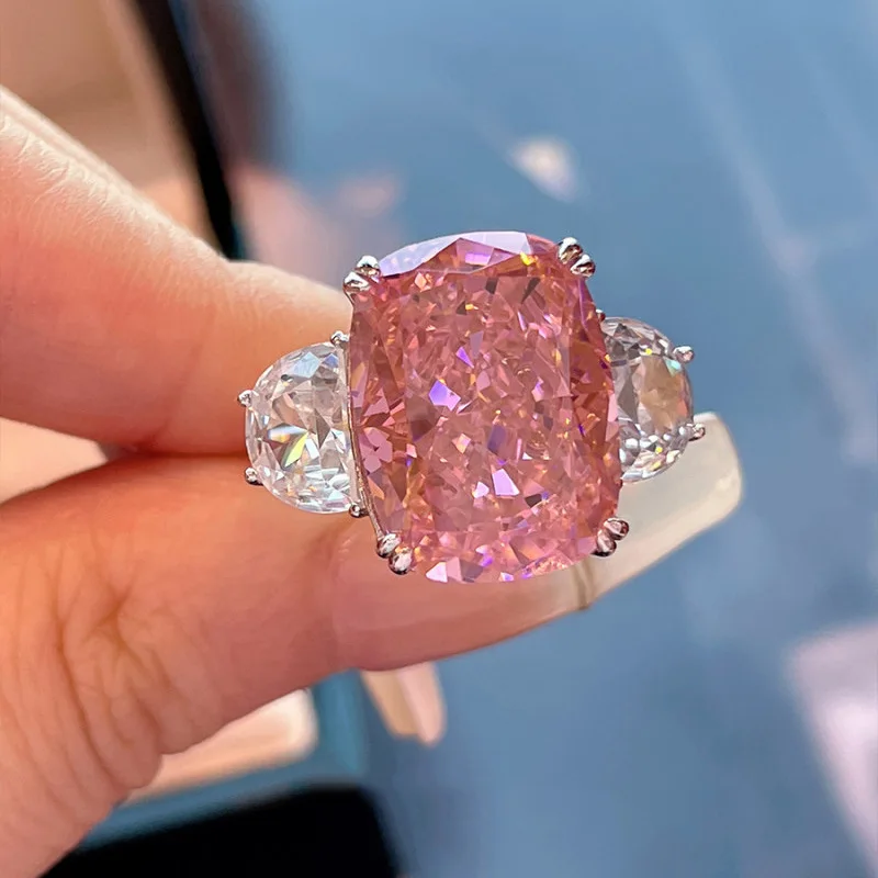 Luxury-Style 925 Sterling Silver Sparkling Long Pillow-shaped Pink Zircon New Minimalist Style Open Ring for Women