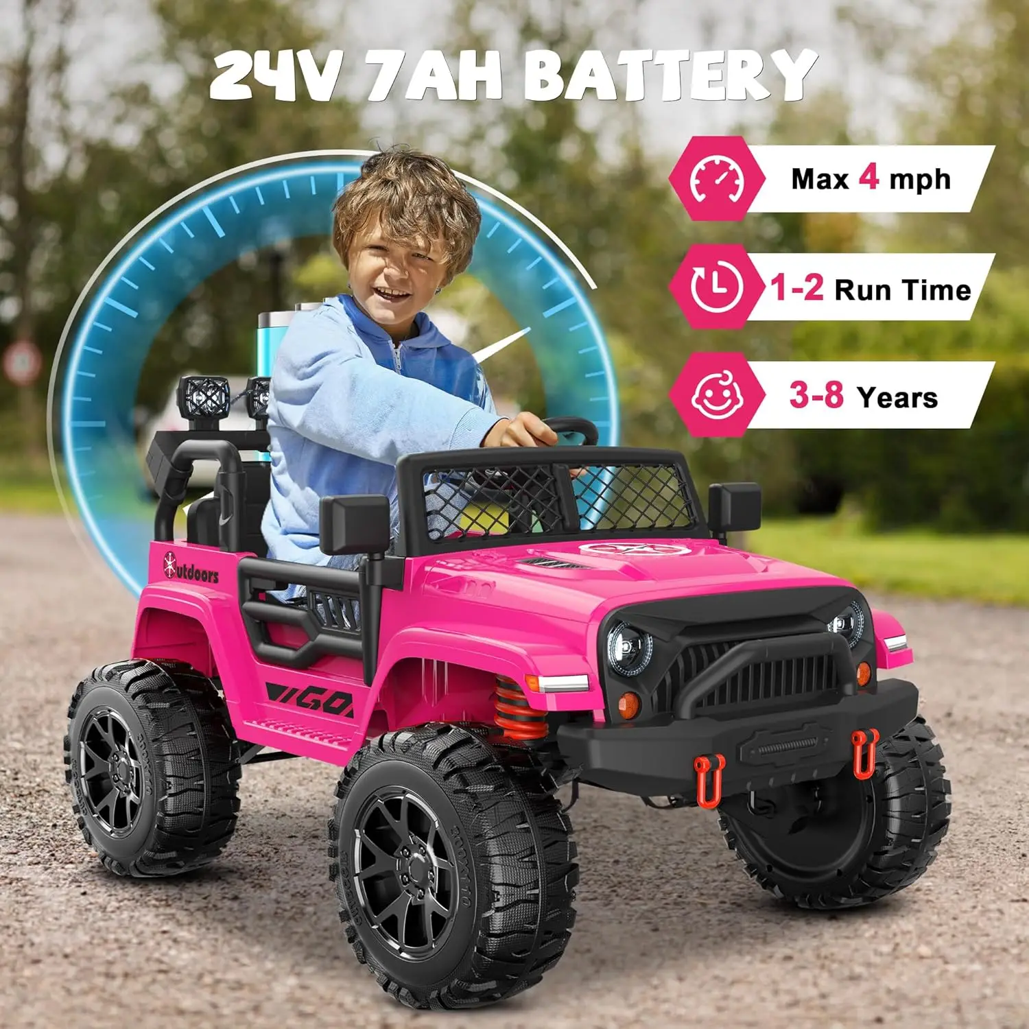 ركوب بمقعدين 24 فولت على شاحنة ألعاب مع إطارات EVA، محركات 4X200 وات، 4 ممتصات للصدمات، جهاز تحكم عن بعد 2.4 جيجا، راديو بلوتوث، مصباح أمامي LED