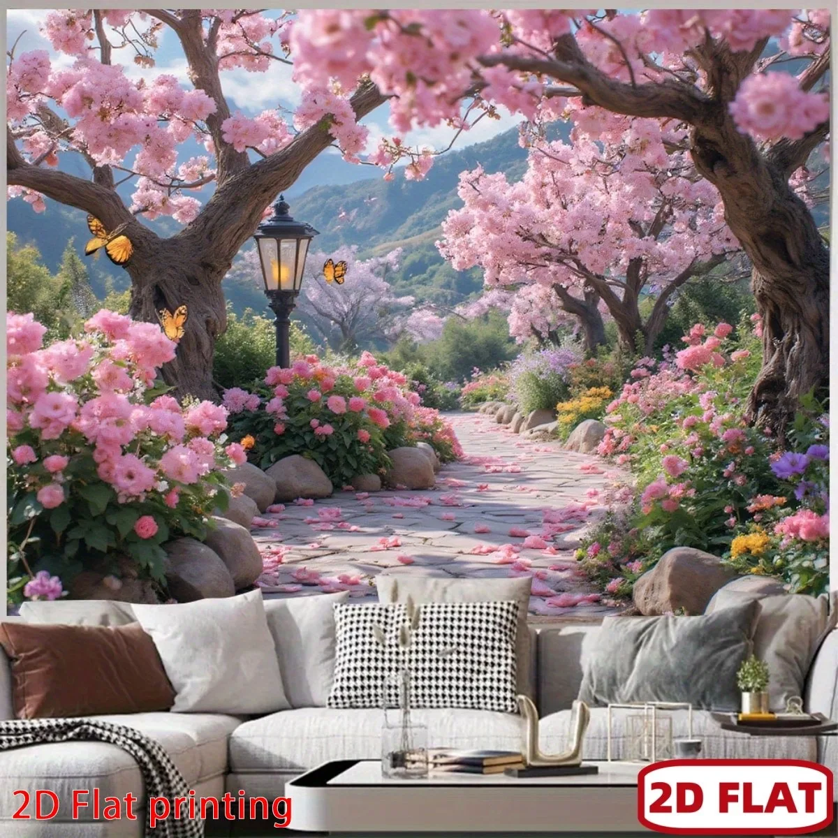 Pink Cherry Blossom Garden Path Tapestry 2D Flat Printing Wall Hanging Backdrop for Party Room Decor Floral Spring Art
