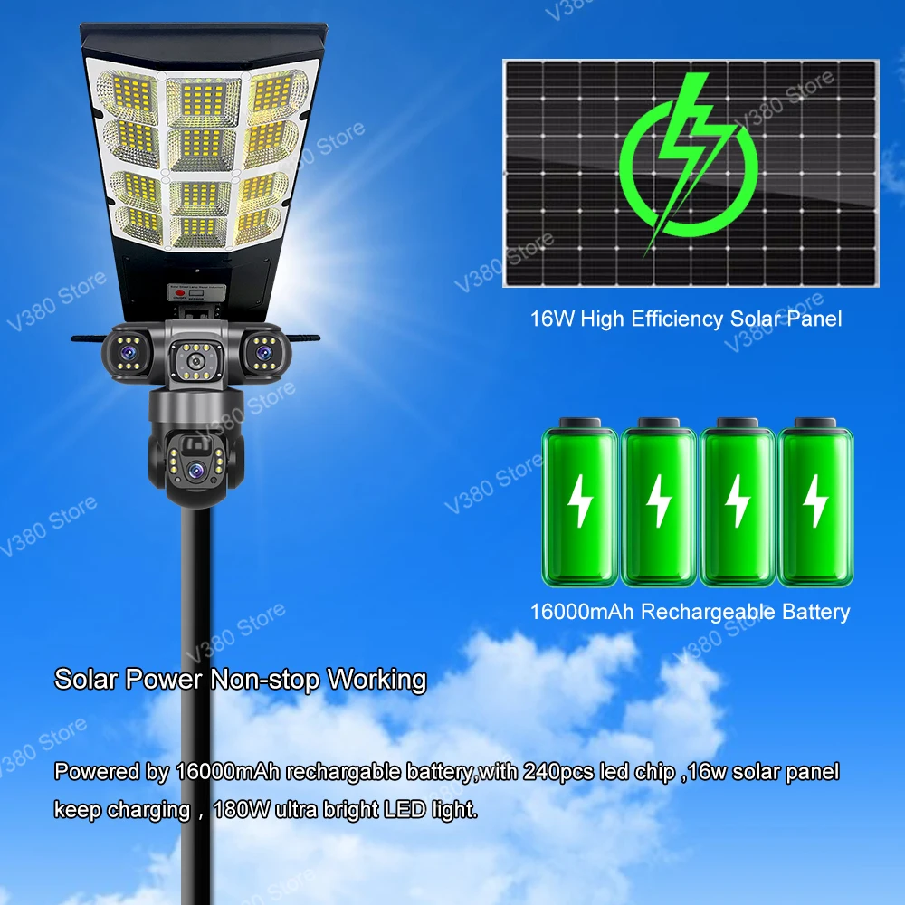 4G Solar Cameras with LED Street Light Outdoor Security Protection 3 Lens Remote Control PTZ Rotation Surveillance CCTV Monitor