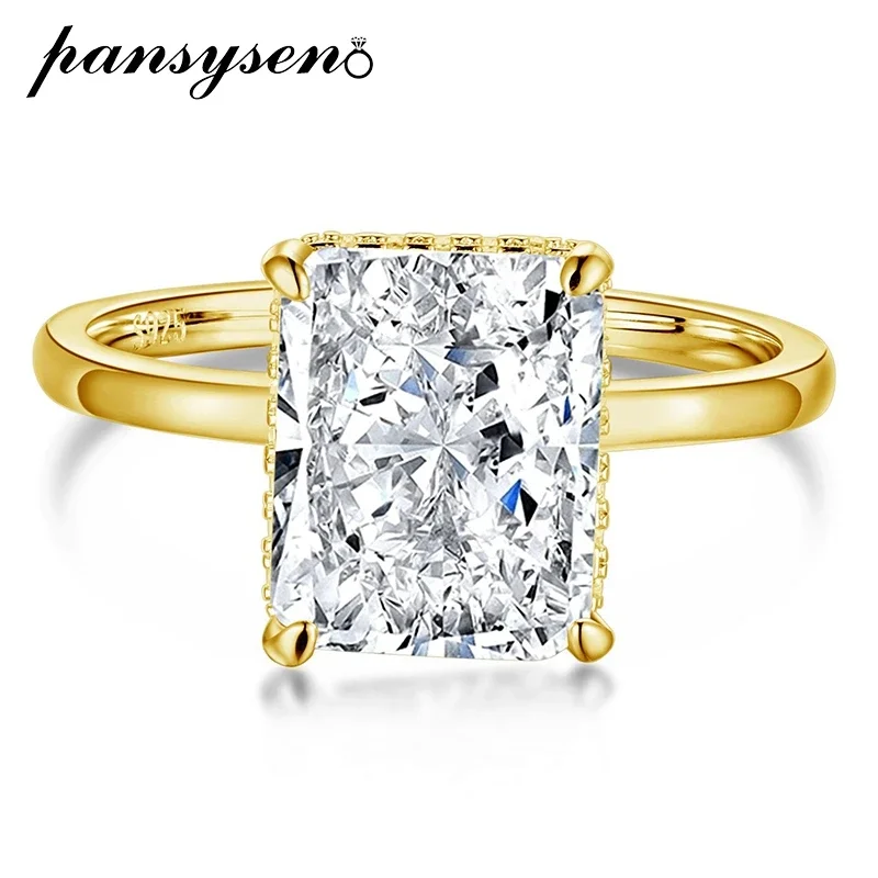 

PANSYSEN Luxury Silver 925 Jewelry Radiant Cut Simulated Moissanite Diamond Wedding Engagement Ring 18K Gold Plated Rings Gift