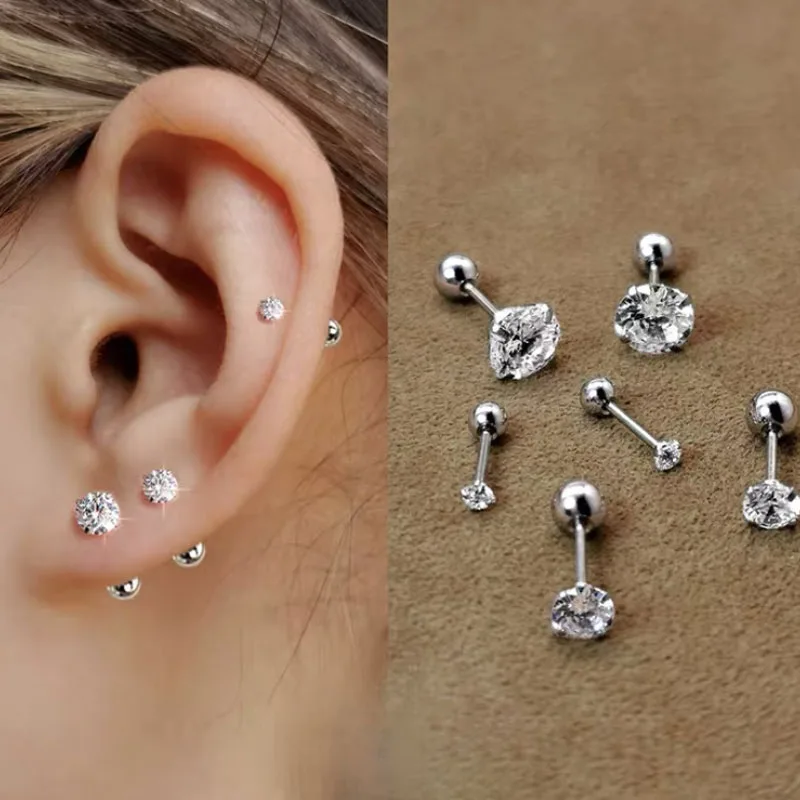 1pc 3/4/5/6/7/8mm 3 kolory Punk ze stali tytanu cyrkon kryształ stadniny kolczyki dla kobiet mężczyzn Tragus Helix Piercing