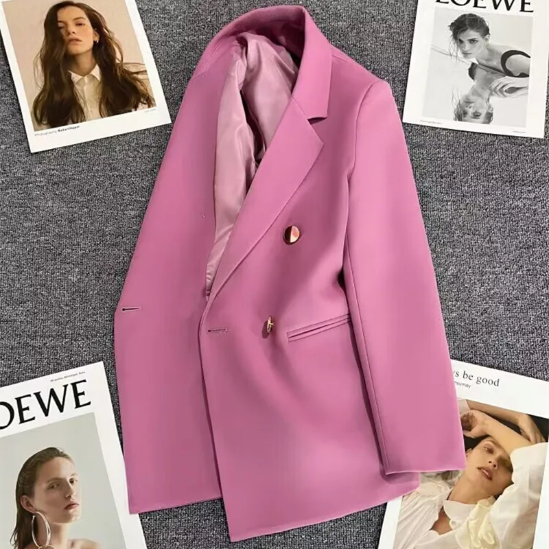 Chic Blazer Woman Autumn Spring Long Sleeve Double Breatsed Lapel Loose Coat Slim Casual Jackets Office Ladies Vintage Blazers