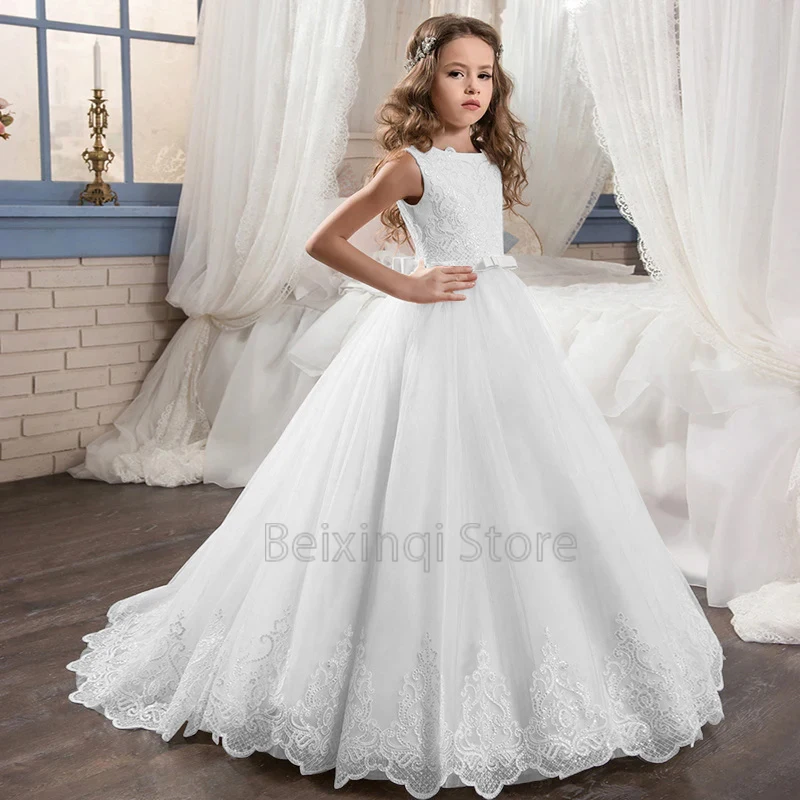 

white Flower Girl dress tulle appliques kids princess bespoke elegant birthday prom communion formal occasion wedding party gown