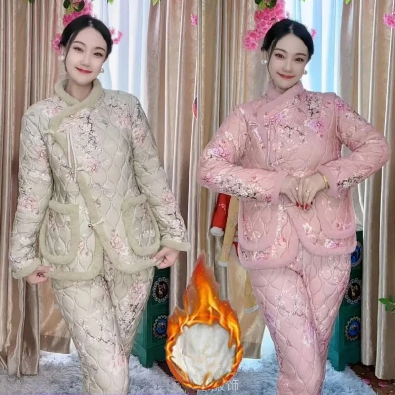 

Модный и стильный флисовый утепленный теплый комплект куртки на хлопковой подкладке для женщин, новый зимний комплект из двух предметов в стиле ретро с верхом и брюками