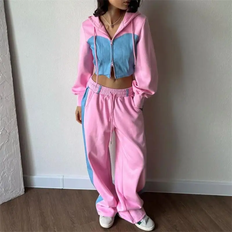 Damski zestaw sportowy: bluza z kapturem, spodnie, komplet dresowy, długi rękaw, zapinany na zamek, strój rekreacyjny, dwuczęściowy komplet.