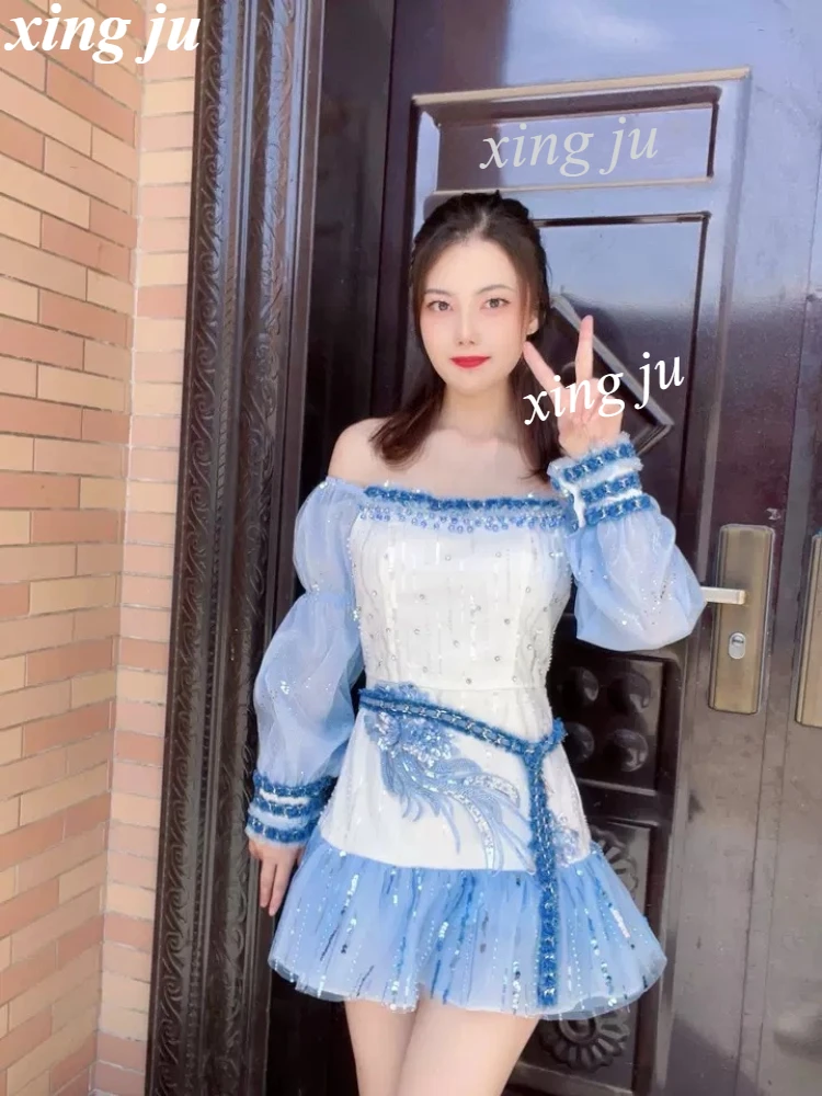 Cantor coreano sexy rendas retalhos sem alças vestido curto feminino grupo jazz dança traje kpop boate dj palco desempenho wear