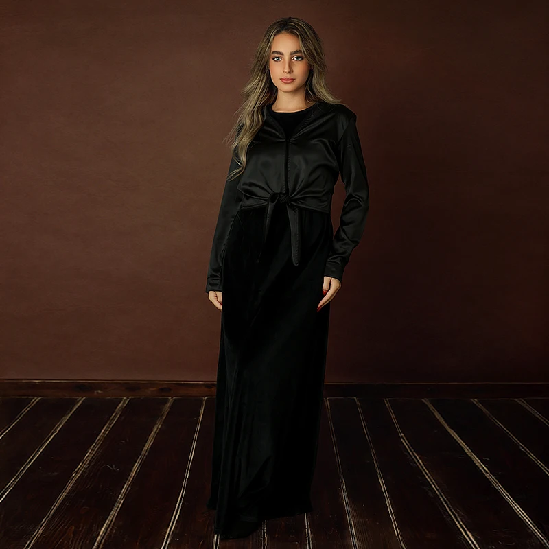 Élégant maxi femmes 3 pièces robe pour femmes et filles velours et satin top noir robe sans manches pour dame vêtements XS-XXXL