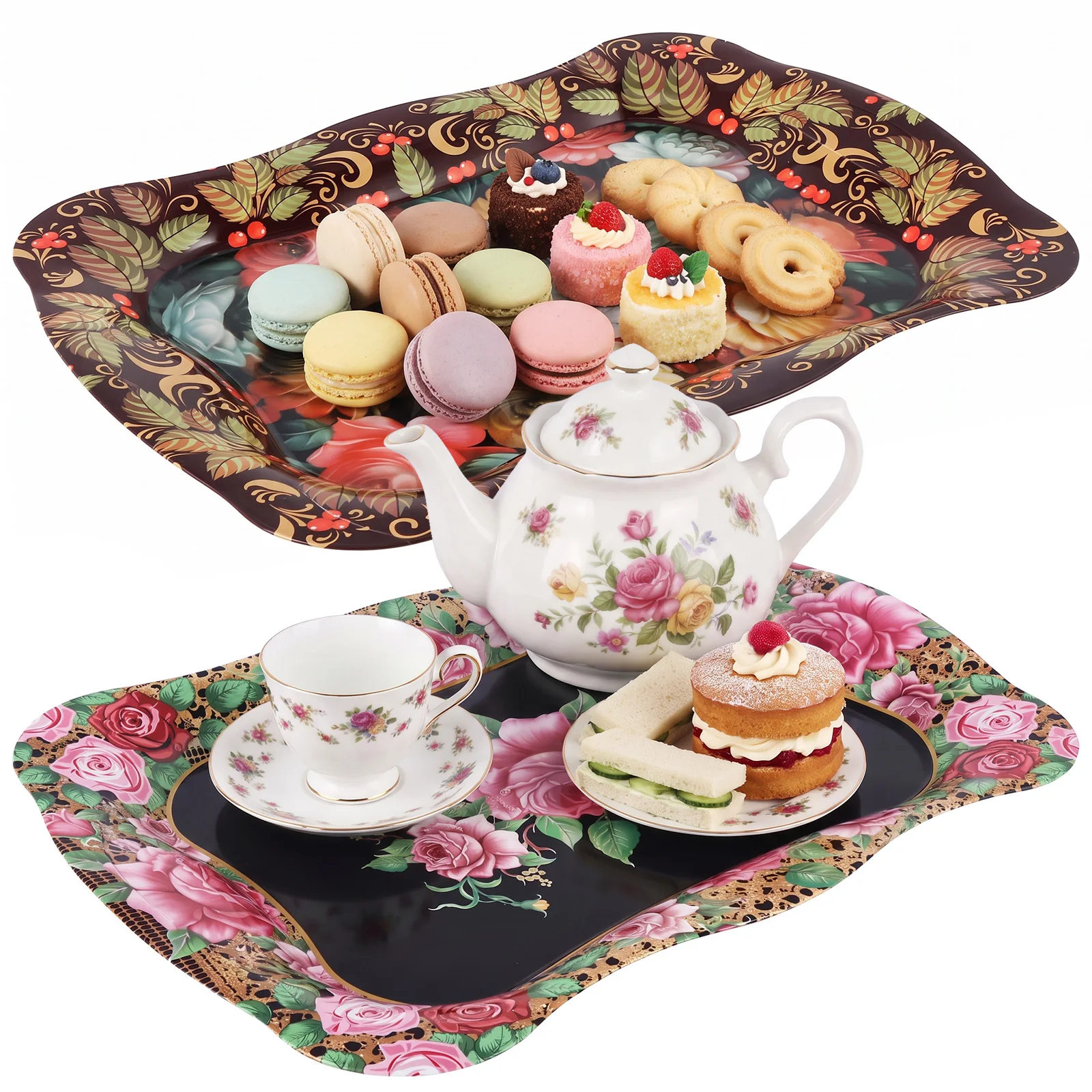 2Pcs Tinplate Serving Tray Vintage Floral Rectangle Serving Platter Multi-purpose Dessert Plate for Tea Time Party Food Display