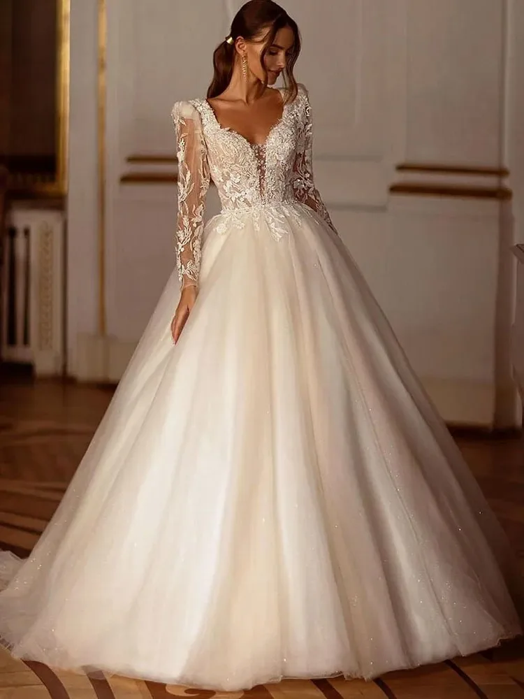 Glitter A-line Wedding Dresses Long Sleeve Appliques Lace Floor Length Tulle Customized Bride Gown vestidos de novia