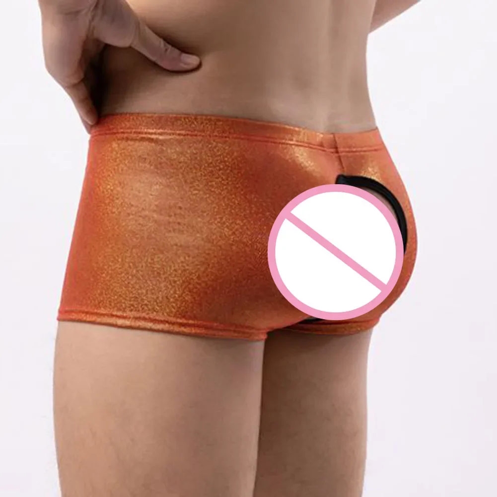 Sexy Men Boxer Stretch Soft Briefs Shiny Panties Low Rise Hollow Out Gay Sissy Bulge Pouch Underwear Open Exposed Butt Lingerie