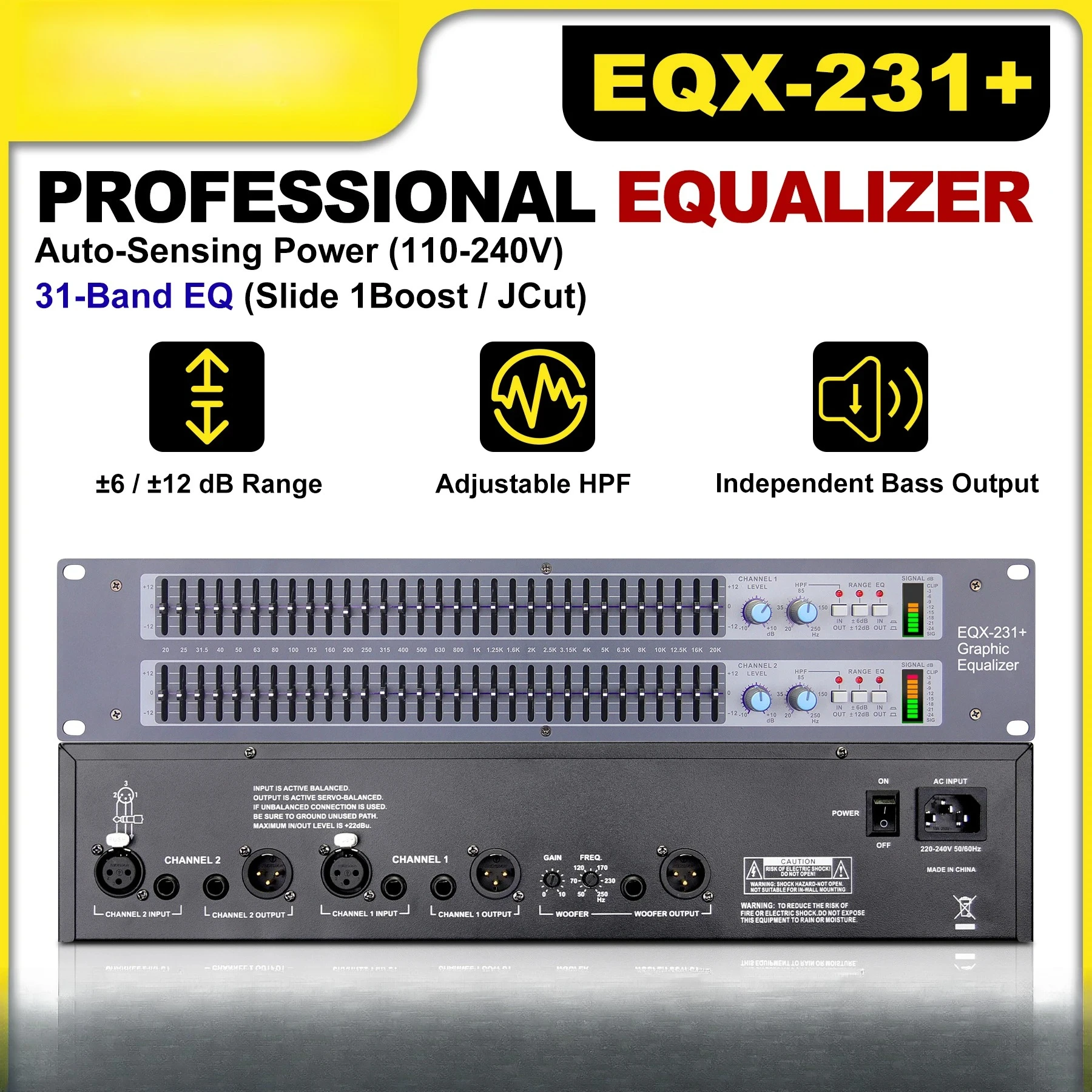 EQX-231+ Dual 31-Band Graphic Equalizer Pro Audio Processor with Adjustable HPF & Subwoofer Output for Studio Stage PA System