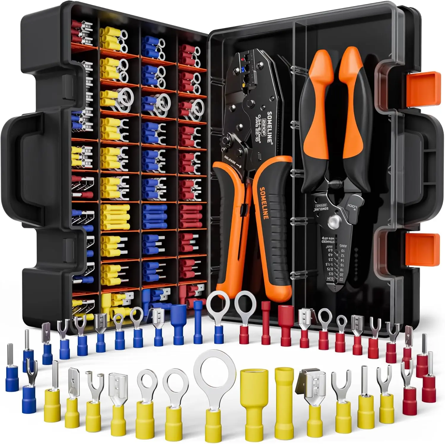

45-Size Insulated Ratcheting Crimping Tool Kit for AWG 22-10 Electrical Terminals, Butt Bullet Spade Fork Ring Splice