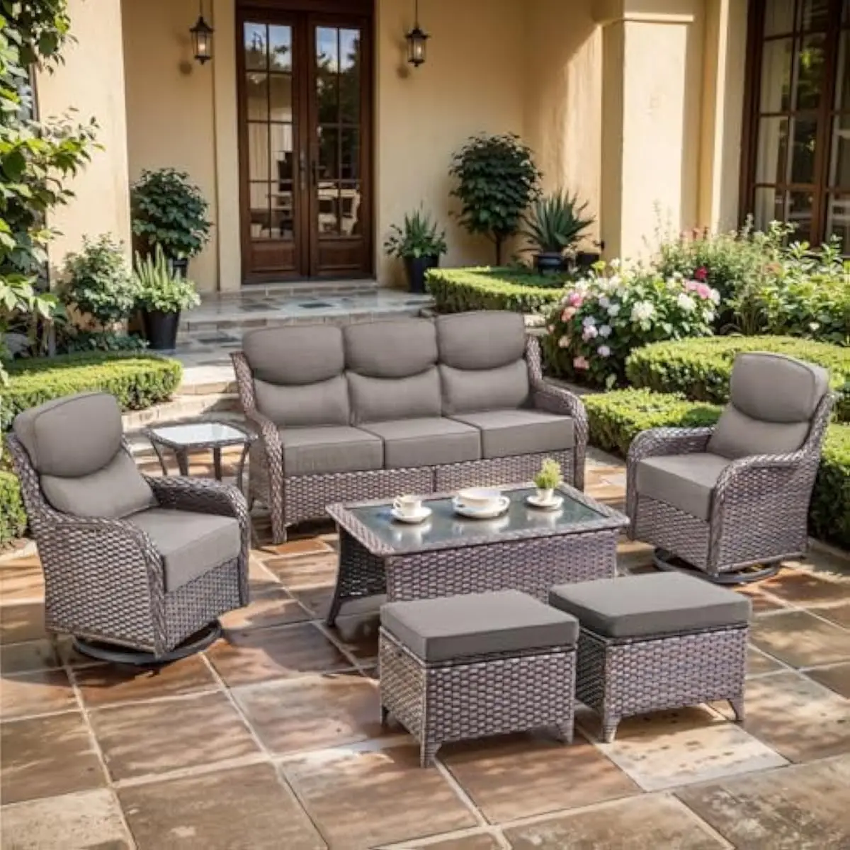 Luxury 7-Piece Modern Outdoor Wicker Set Featuring Swivel Rocker Chairs, High-Back Sofa, Dual Ottomans, Coffee & Side Tables — B