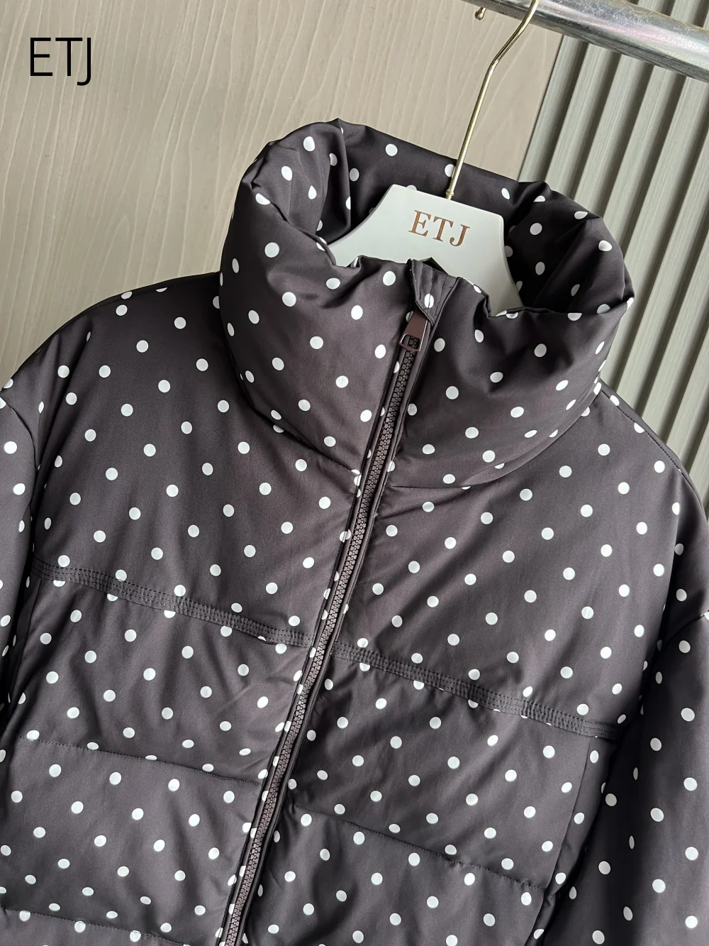 ETJ 2026 Women Polka Dot Cropped Puffer Jacket Stand Collar Padded Coat Short Parka Winter Warm Brown