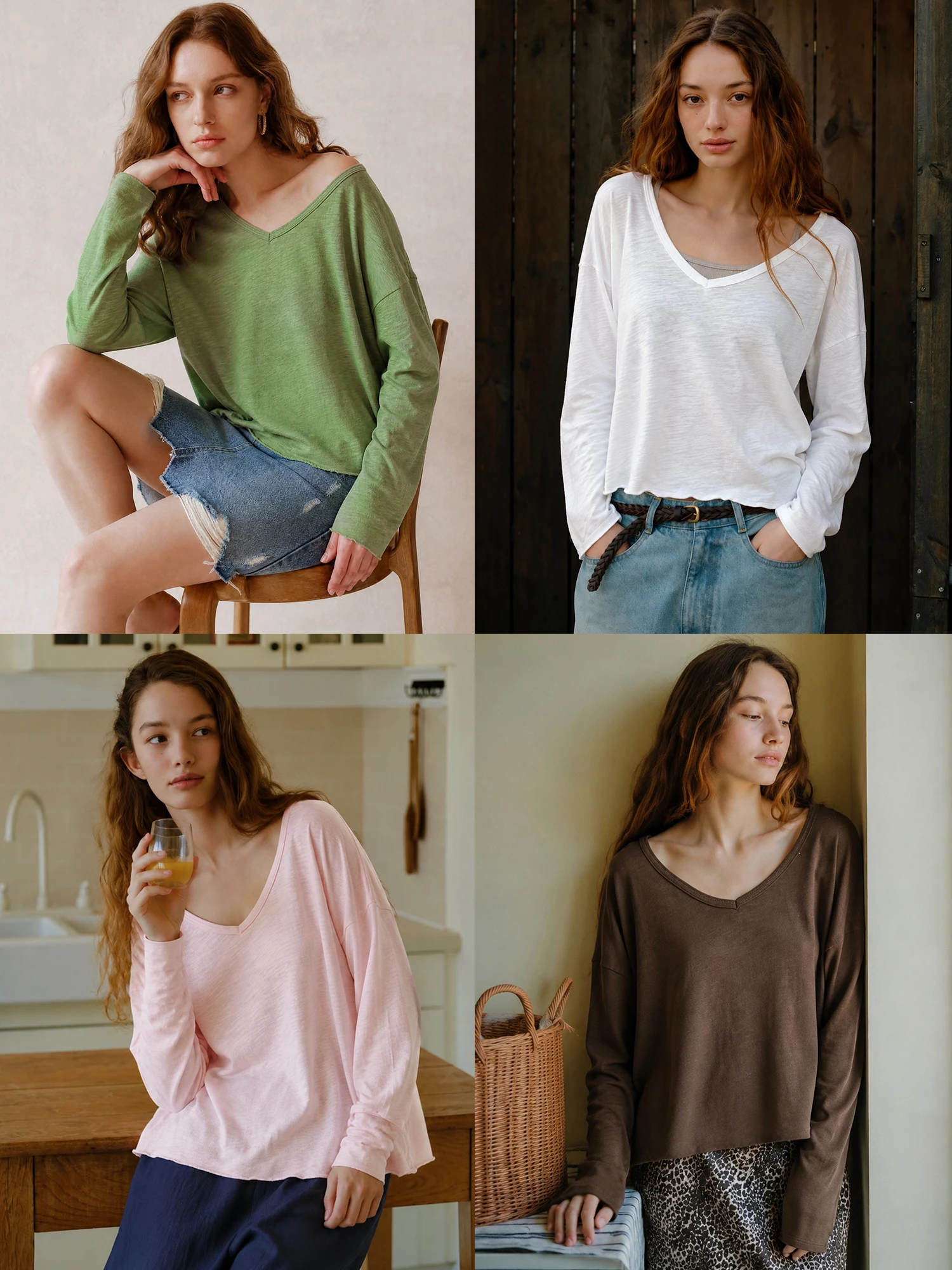 Loose Long Sleeve T-Shirt Women's Comfortable Cotton Bamboo Fiber V-Neck Washed Brushed Slimming Top Casual Loose Fit