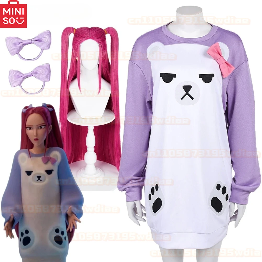 

Охотник на демонов KPop Mira, фиолетовая пижама для косплея, головные уборы, пижама с белым медведем, женская одежда для сна, карнавальная одежда на Хэллоуин