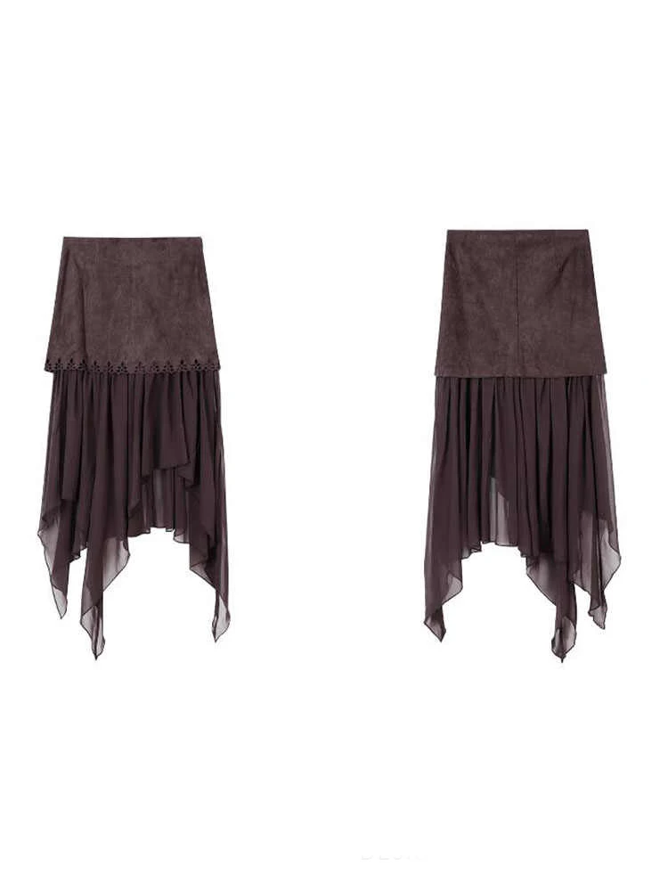 Women's Midi Skirt Patchwork Korean Fashion Irregular Skirt A-line French Vintage Aesthetic 2000s Maillard Evening Party Y2k New