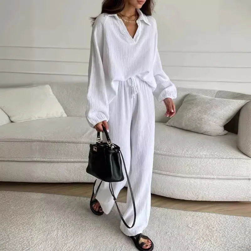 

Two Piece Pant Sets Solid V Neck Tops Loose Full Sleeve Tops Drawstring Long Trousers Casual Elegant Ladies Summer 2024