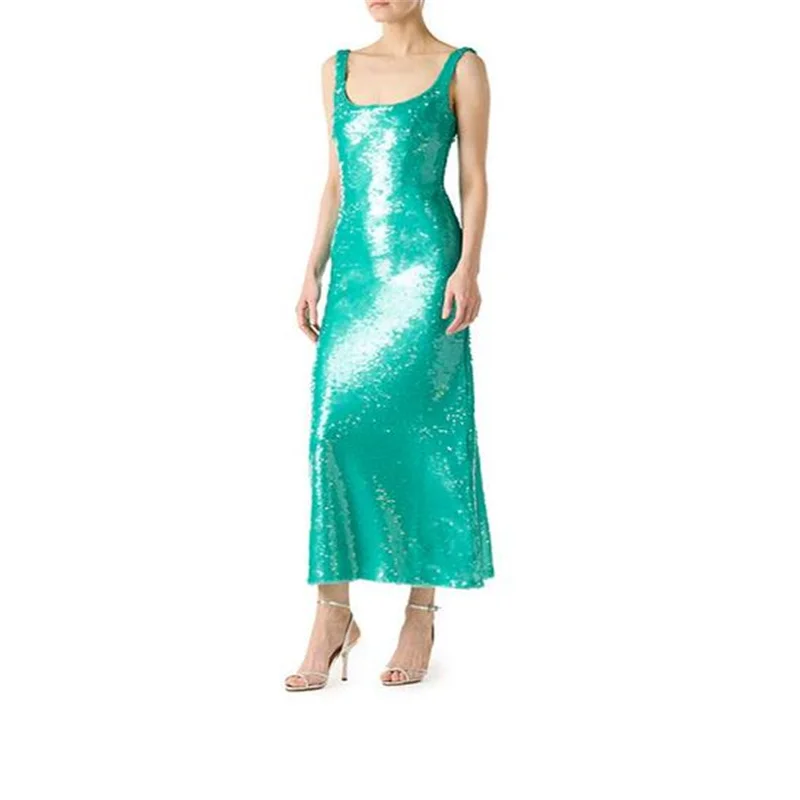 MULONG Sexy Sequin  Beach Vestido De Novia Bright Spaghetti Strap Fashion Evening  Gown Shiny Sheath Long Prom Dress Flashing