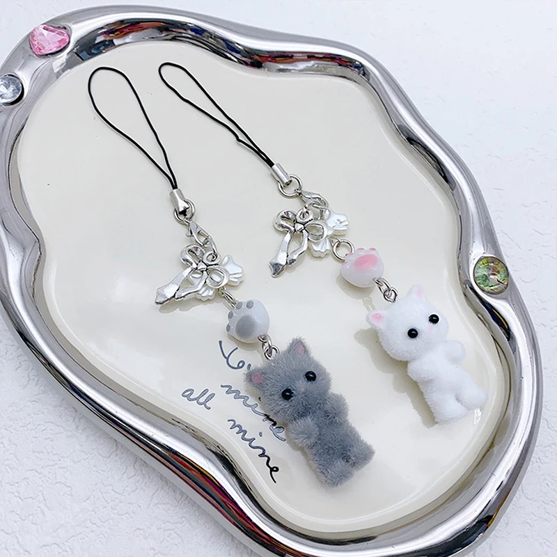 Kawaii Flocking Cat Pendant Phone Lanyard Y2K Cute Bow Kitten Phone Chain Korean Mobile Phone Charm Keycord Girl Gifts