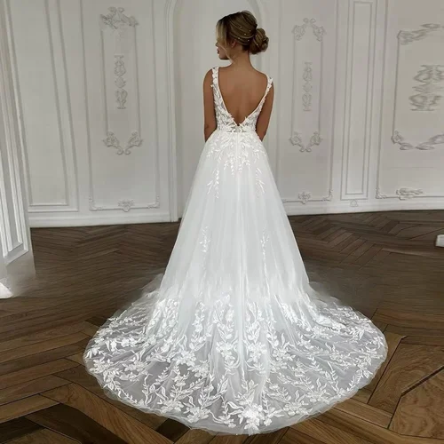 Imagen 2 del producto JEHETH 2025 vestido De novia para mujer con cuello en V sin mangas vestidos De novia Robe De Mariée A-line espalda abierta Apliques De encaje personalizado civil