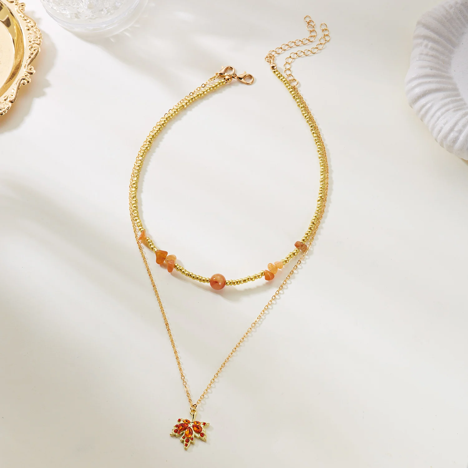 Maillard Rhinestone Maple Leaf Layered Necklace Set for Women Chic Irregular Stone Rice Beads Chain Necklace Party Jewelry Gift