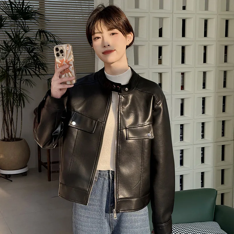 Primavera outono jaqueta de couro das mulheres zíper levante-se roupas curtas jaquetas da motocicleta botão mangas à prova vento roupas femininas