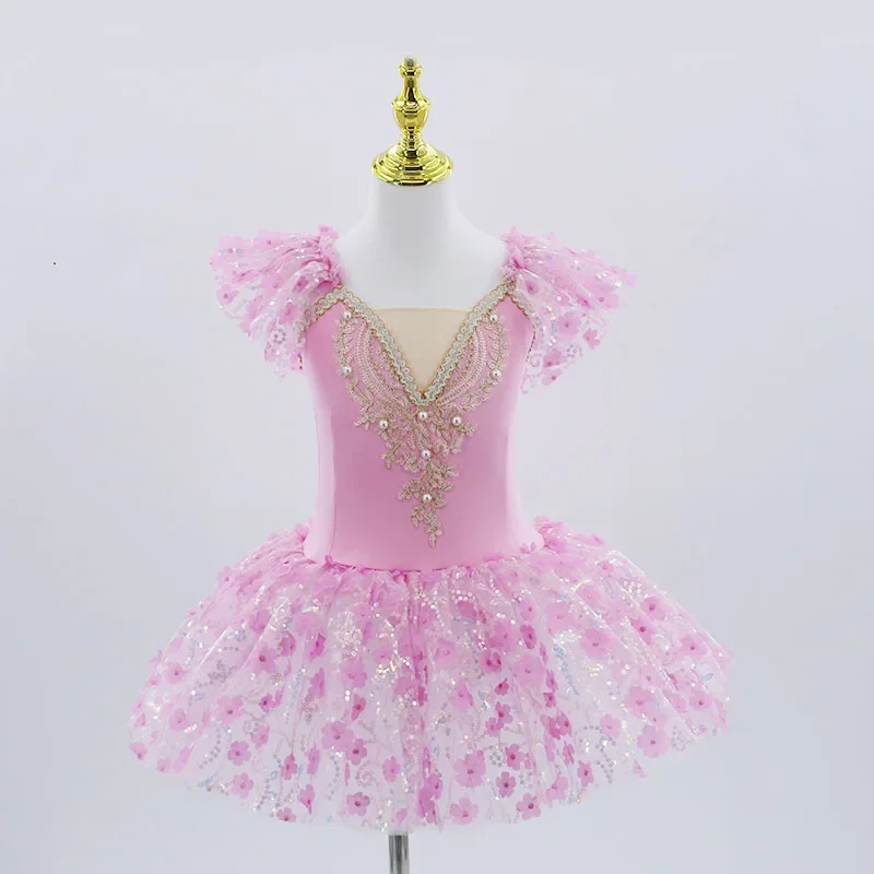 2024 Rosa Per Bambini Sala Da Ballo Abbigliamento Con Paillettes Fiore Tutù Vestito Da Balletto Per La Ragazza di Danza Moderna Vestito Dal Tutu Delle Ragazze Balletto Vestito Da Principessa