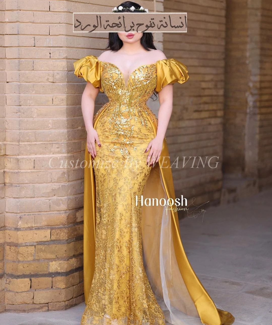 Customized Gold Lace Puff Sleeves Prom Dresses Off The Shoulder Sequins Floor Length Saudi Arabic Women Evening Party Dress