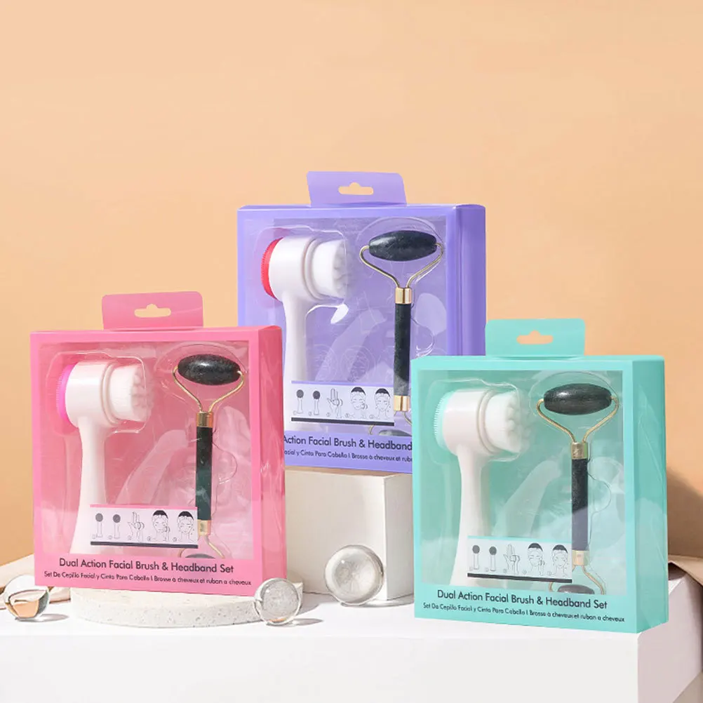 2-teiliges Jade-Roller-Massage-Set mit Doppelseitiger Gesichtsreinigungsbürste, Manueller Gesichtsmassager und Hautpflege-Massagegerät