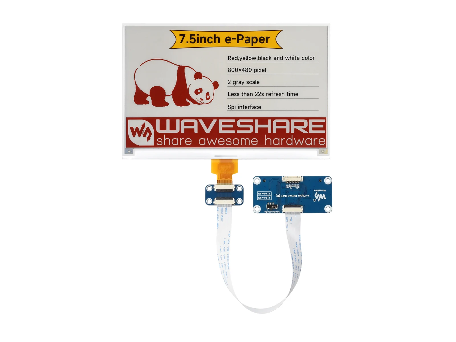 7.5inch E-Paper Display (H), E-Ink Display, 800x480, Red/Yellow/Black/White, SPI Interface,Paper-Like Effect Without Electricity
