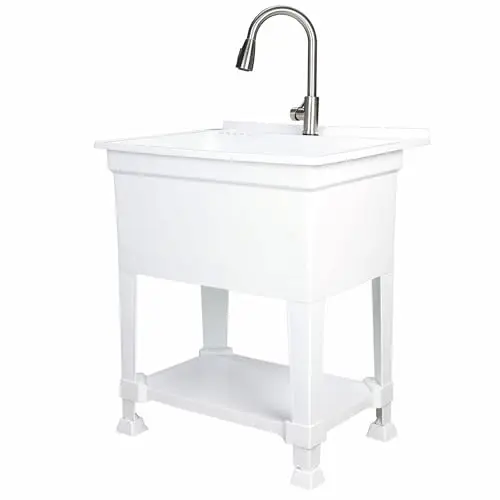 Utility Sink - Freestanding White - 30 in x 24 in | Plastic Construction, 35 in Height, Stainless Steel Pull Down