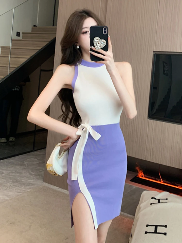 Delle donne Falso 2 Pezzi Maglia Sexy Senza Maniche Aderente Skinny Abito Corto O-Collo Sottile Cravatta Divisa Mini Abiti Mujer Partito Casual Nuovo