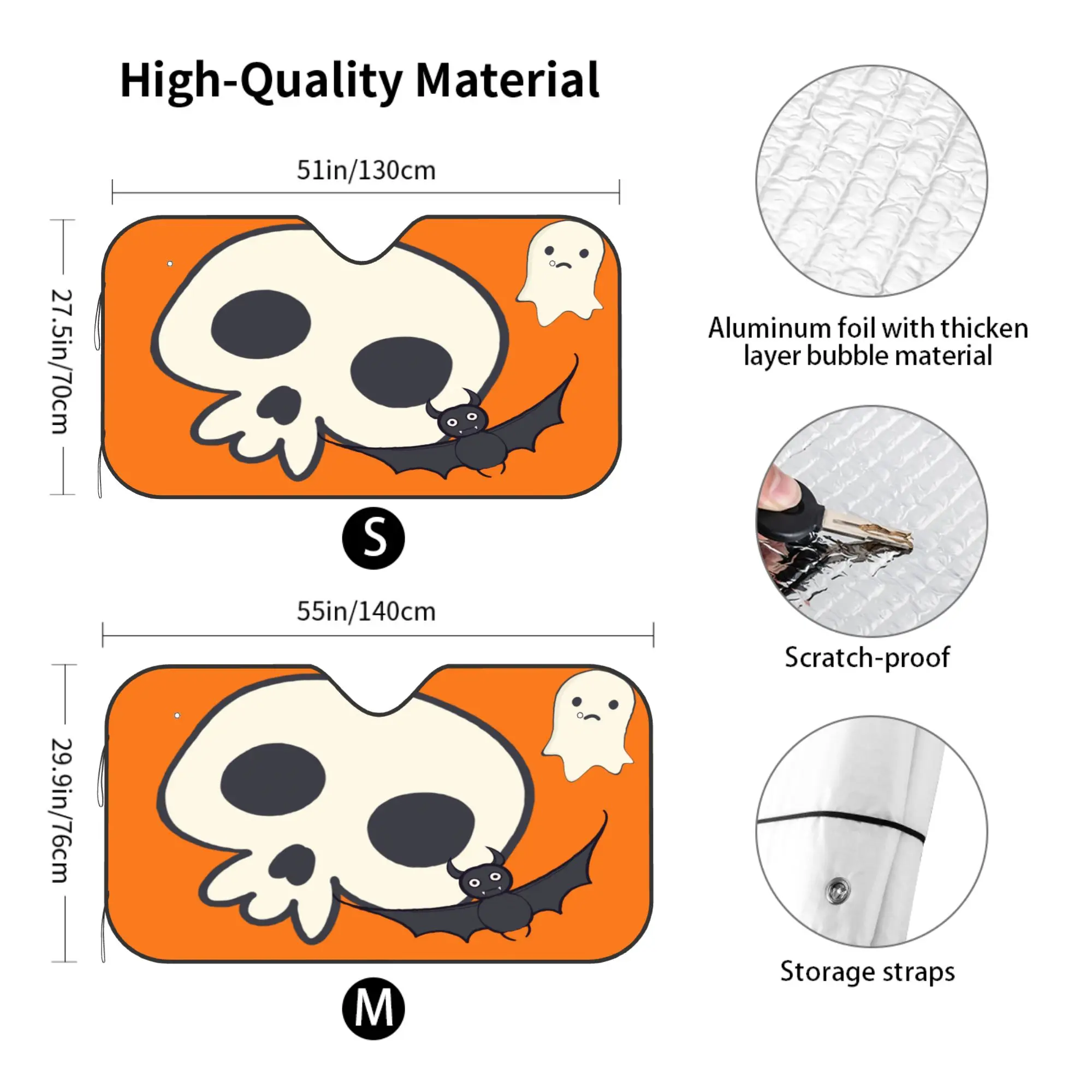 Halloween Skull Car Windshield Sun Shade, Foldable UV Ray Reflector Protector, Keeps Vehicle Cool, Fits Most Sedans SUV