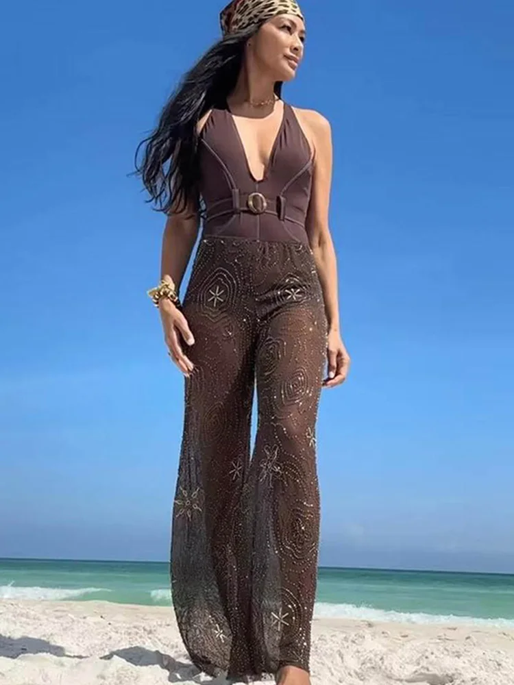 Women's Pants Spring Summer 2026 Beading Brown Trousers Sequins Translucent High Waist Pants Ladies Streetwear Casual Pants