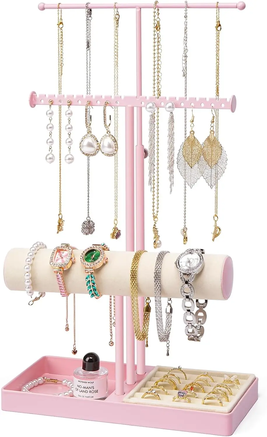 

Розовый 3-х уровневый органайзер для ювелирных изделий с бархатным подносом для колец – эстетичный держатель для ожерелья и браслета для женщин и девочек
