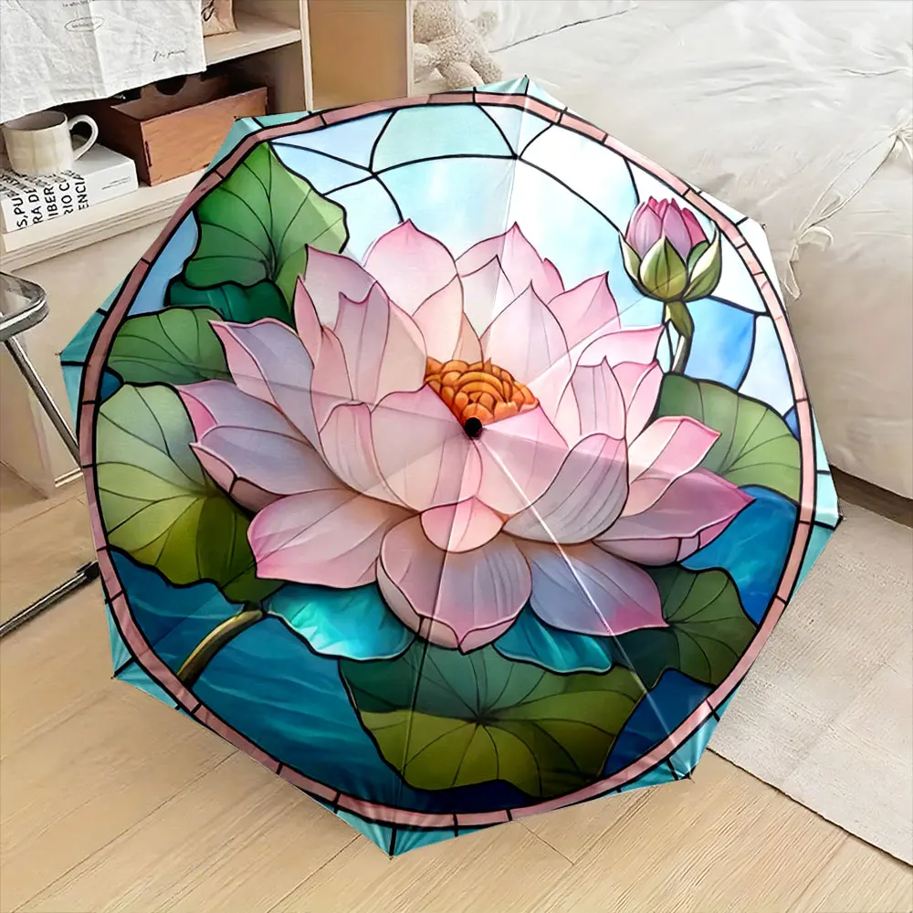Elegant Stained Glass Lotus Design Umbrella Compact Fashion Folding Umbrella for Daily Use, Christmas Gift