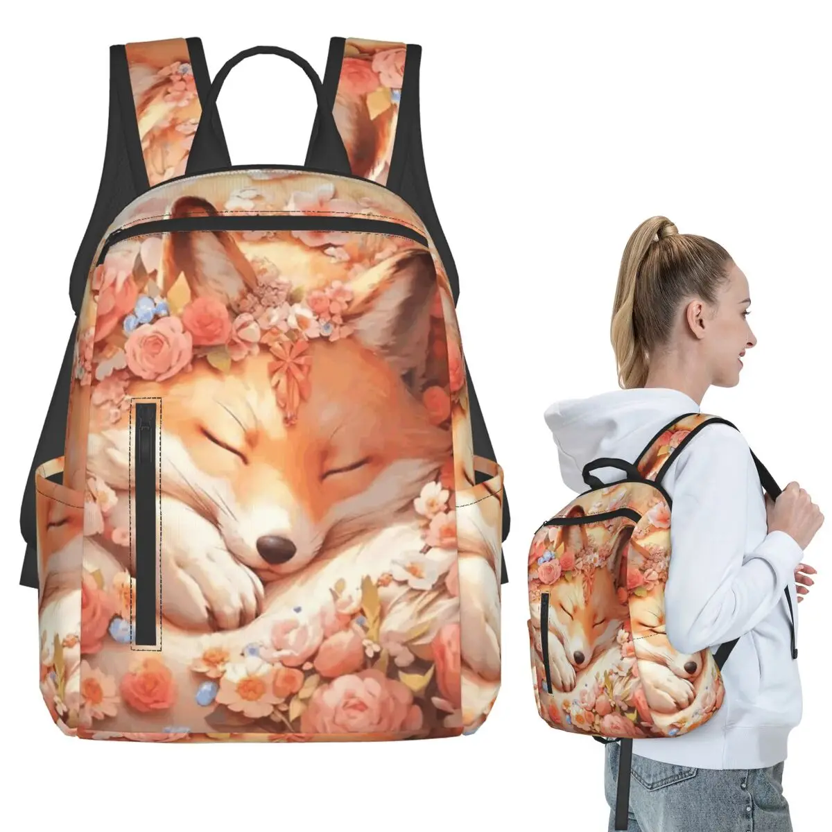 Sleeping Fox In The Flower Backpack Student BookBag Children School Bag Computer Shoulder Bags Men Women