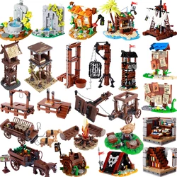 MOC Medieval  Building Blocks Set Hanging Cage Guillotine Castle Fountain Bonfire Tent Bulletin Board Ox Cart Carriage Gift Toy