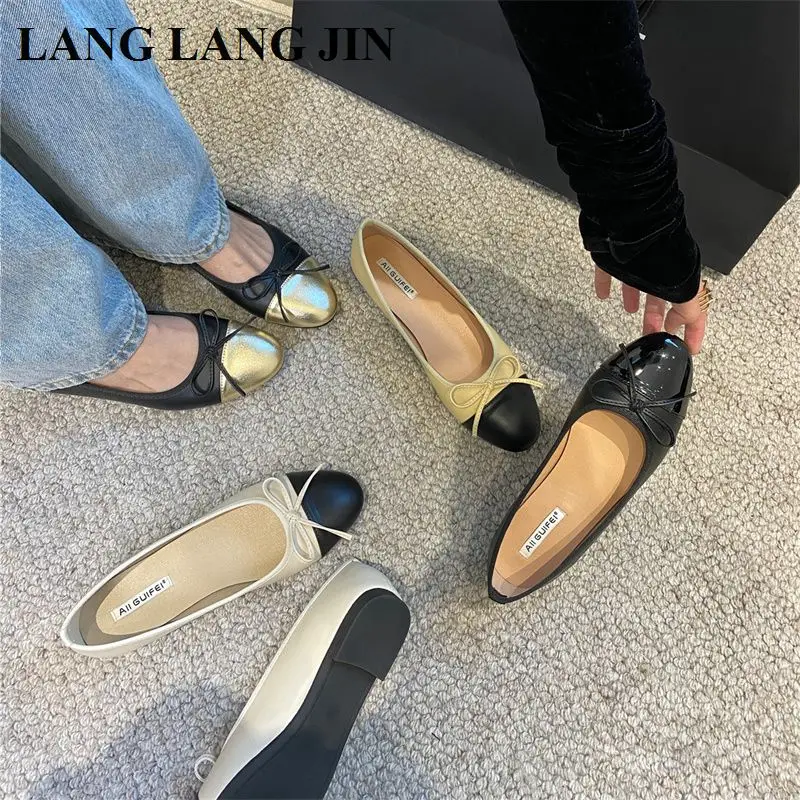 Fashion Round Toe Flat Casual Shoes Women Flats Ballet Female Bow Ballerinas Soft Moccasins Brand Black With Beige Classic Mujer