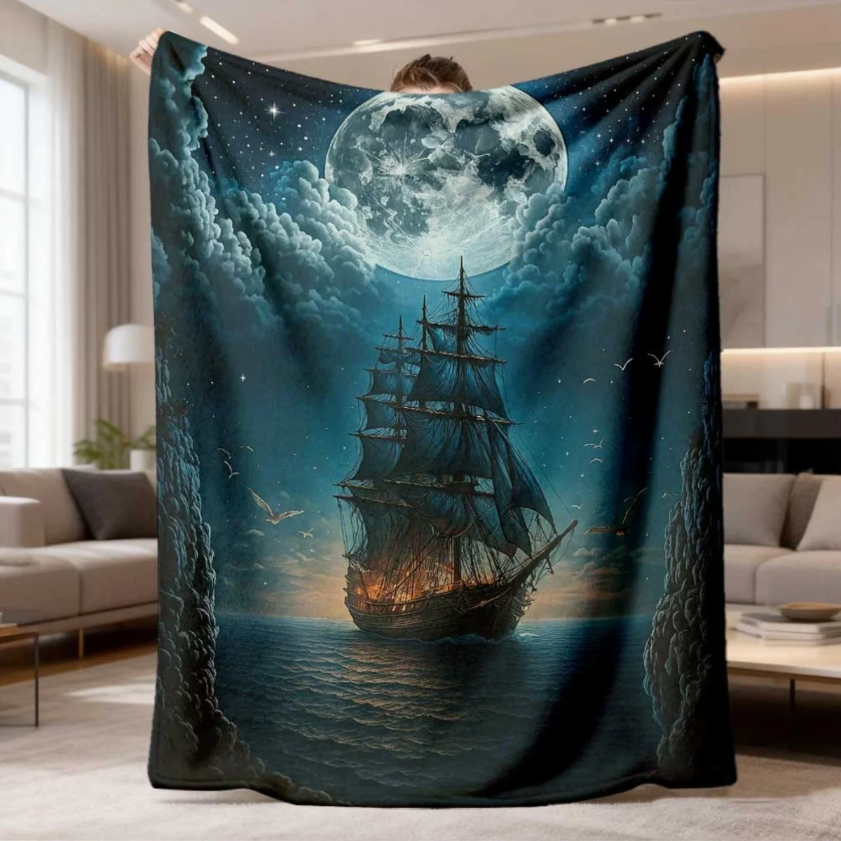 Starry Night Ocean Sailing Ship Flannel Blanket Soft Comfortable Throw Blanket Vintage Pirate Vessel Moon Seawater Print Blanket