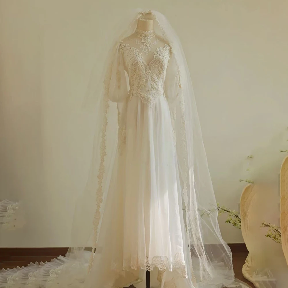 

Elegant Long Sleeve Wedding Dress Bride Gown A-line Tulle Lace Applique Formal Bride Dress Wedding Gowns for Bridal Customized